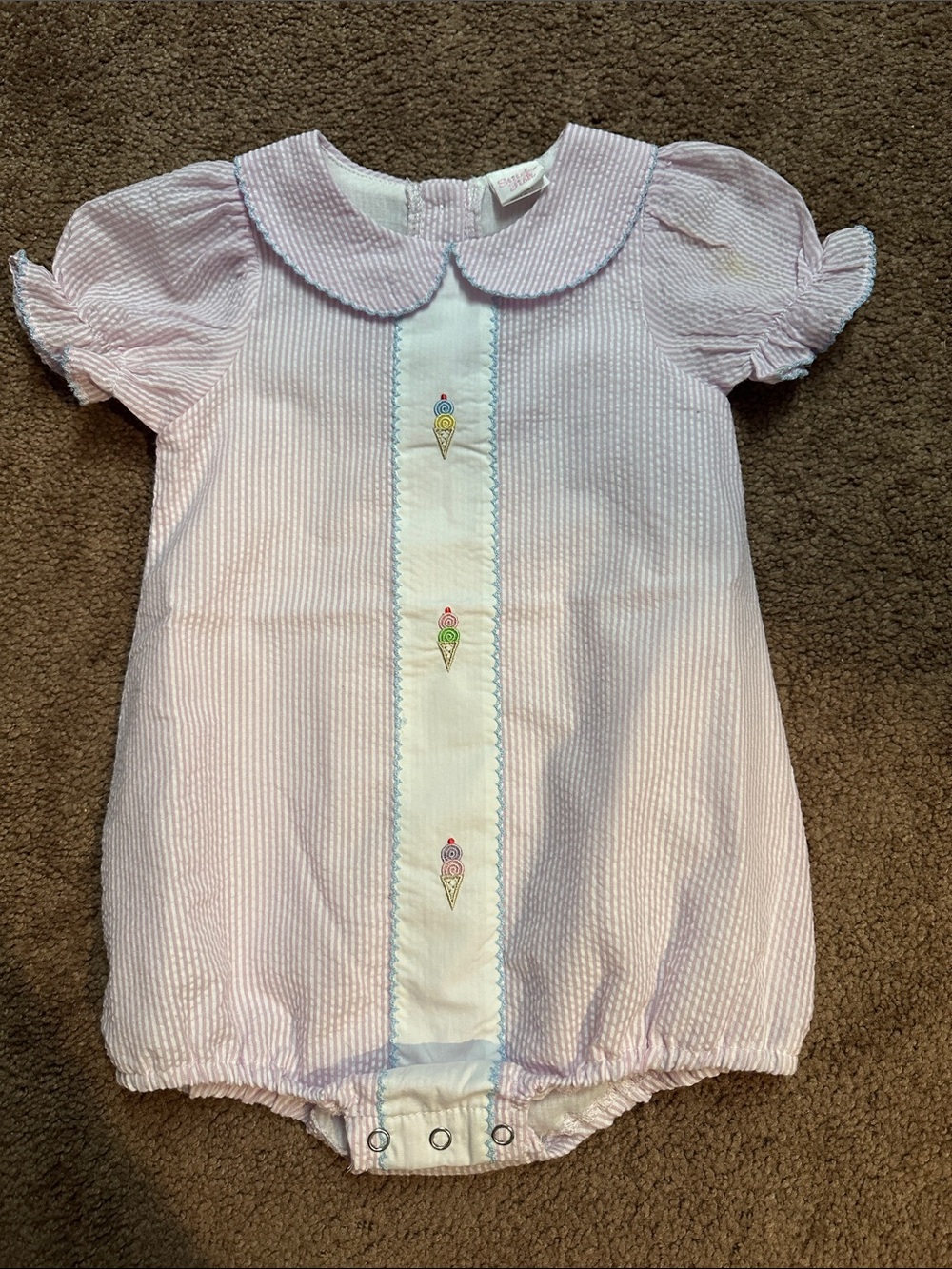 Pink Seersucker Romper with Ice Cream Embroidery